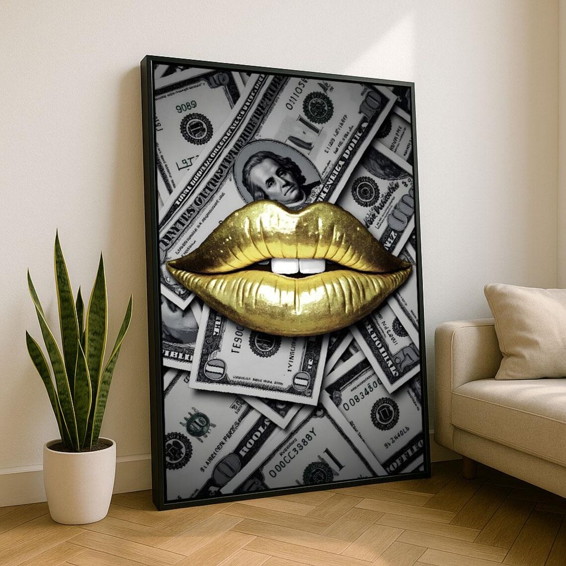 Golden Lips On Dollar Bills Glam Luxury Money Pop Art Poster