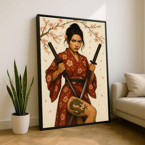 Empowering Samurai Woman Canvas Wall Art Print Bold Bedroom Decor Statement Piece