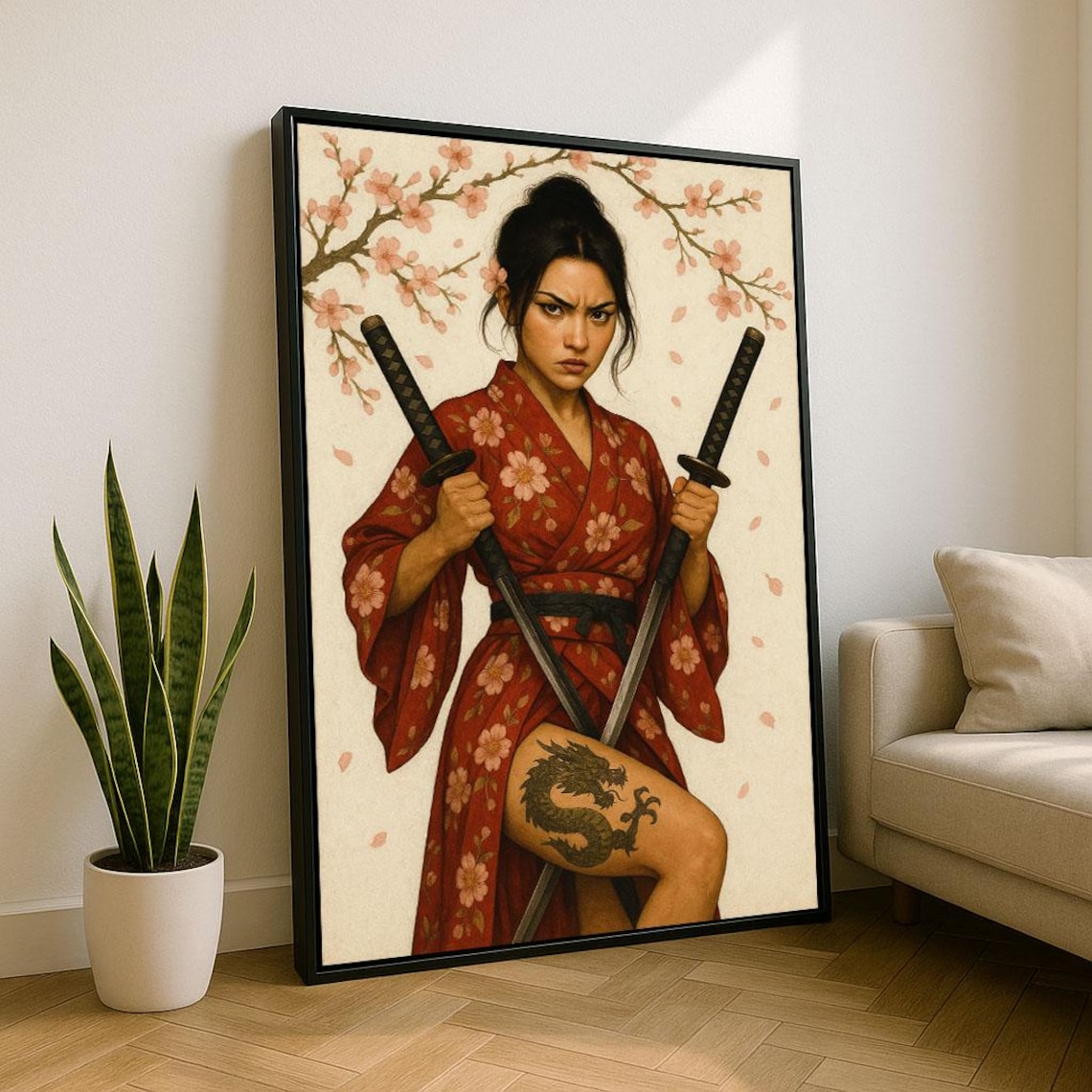 Samurai Woman with Dual Swords in Red Floral Kimono Art Poster