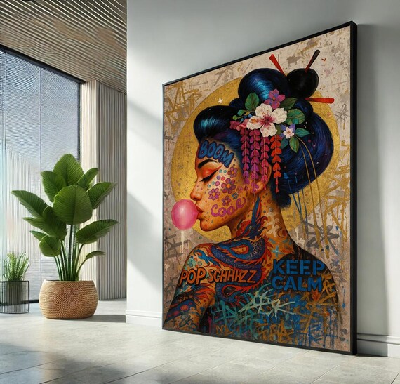 Pop Art Geisha Blowing Bubble Gum Graffiti Tattoo Urban Street Art Poster