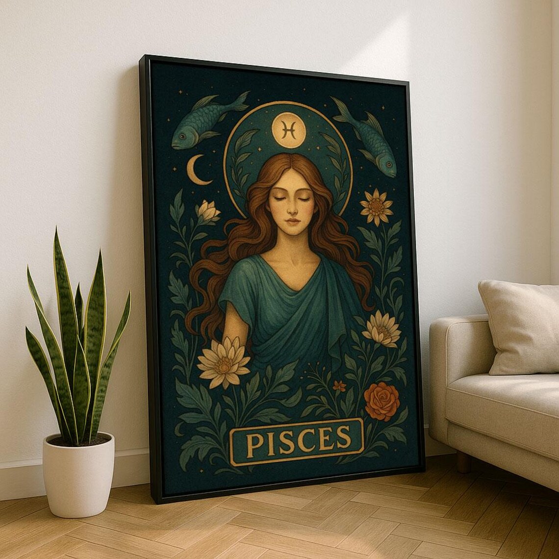 Pisces Zodiac Woman Botanical Vintage Astrology Celestial Poster