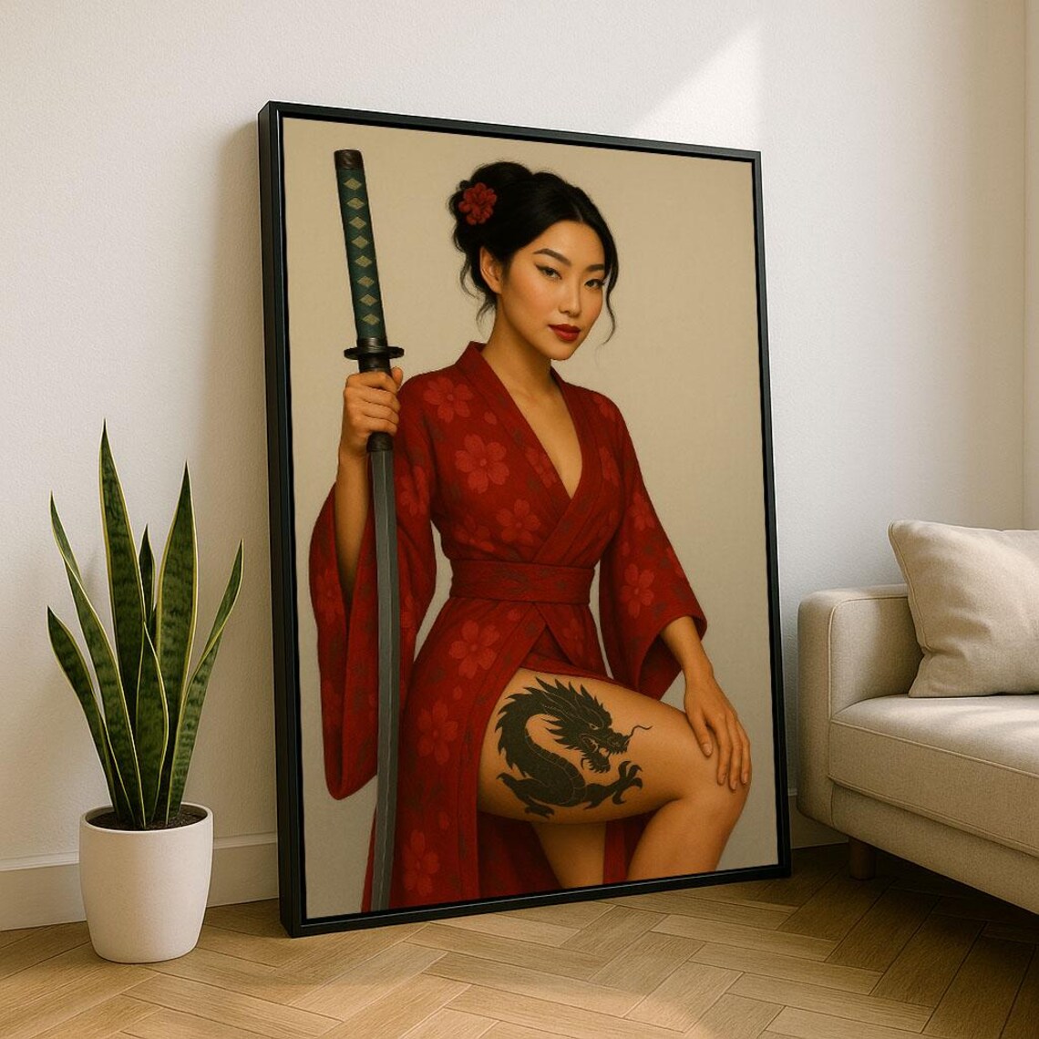 Elegant Samurai Woman Canvas Wall Art Print Red Living Room Decor Statement Piece