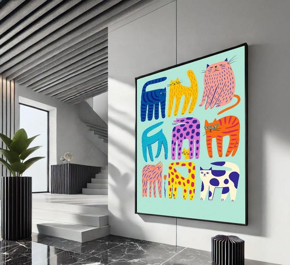 Playful Cat Illustration Canvas Wall Art Print Colorful Living Room Decor Statement Piece