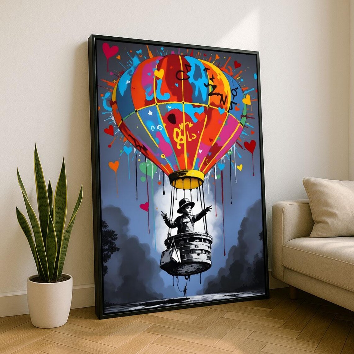Graffiti Hot Air Balloon Hearts Boy Basket Colorful Street Art Poster