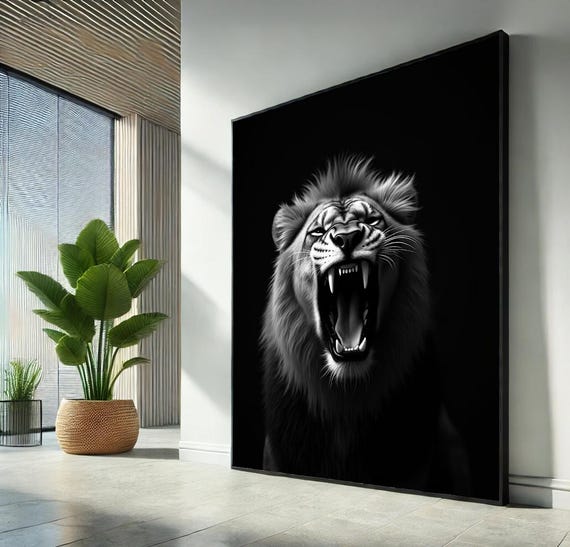 Roaring Lion Canvas Wall Art Print Black White Bold Animal Poster Powerful Jungle Home Decor Gift For Unique Lovers
