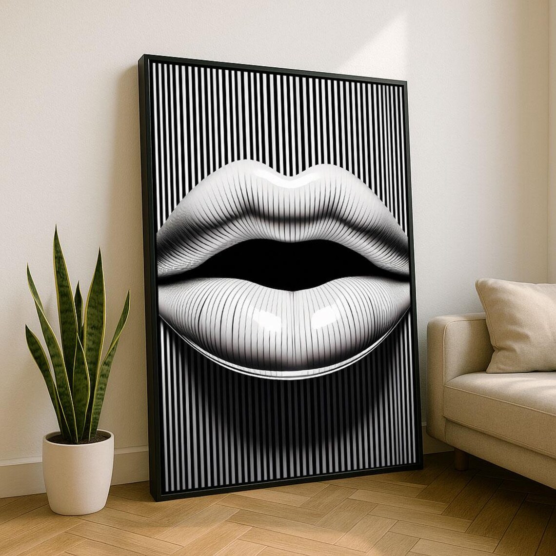 Monochrome Optical Illusion Lips On Black White Stripes Wall Art