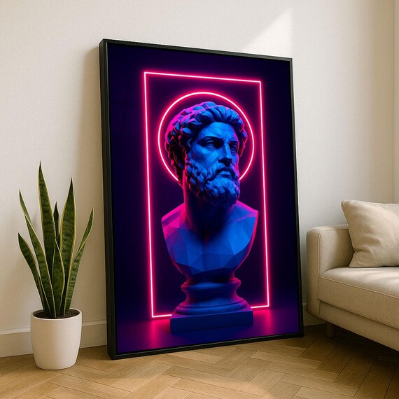 Classical Greek Bust Sculpture Pink Neon Halo Blue Modern Poster