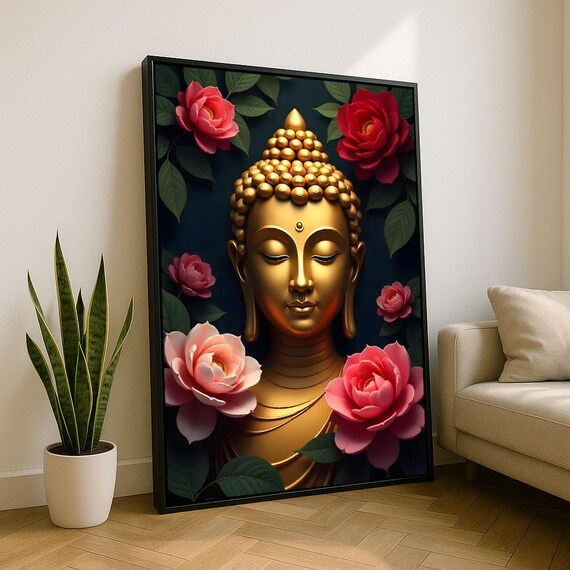 Serene Golden Buddha Head With Pink Roses Soft Floral Art Poster