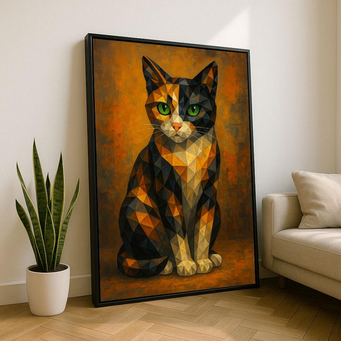 Geometric Calico Cat Green Eyes Low Poly Amber Artistic Poster