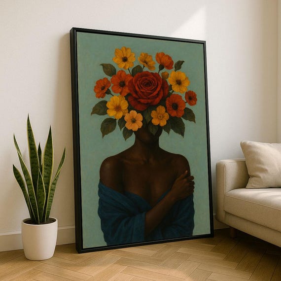 Bold Floral African Woman Canvas Wall Art Print Modern Living Room Decor Statement Piece
