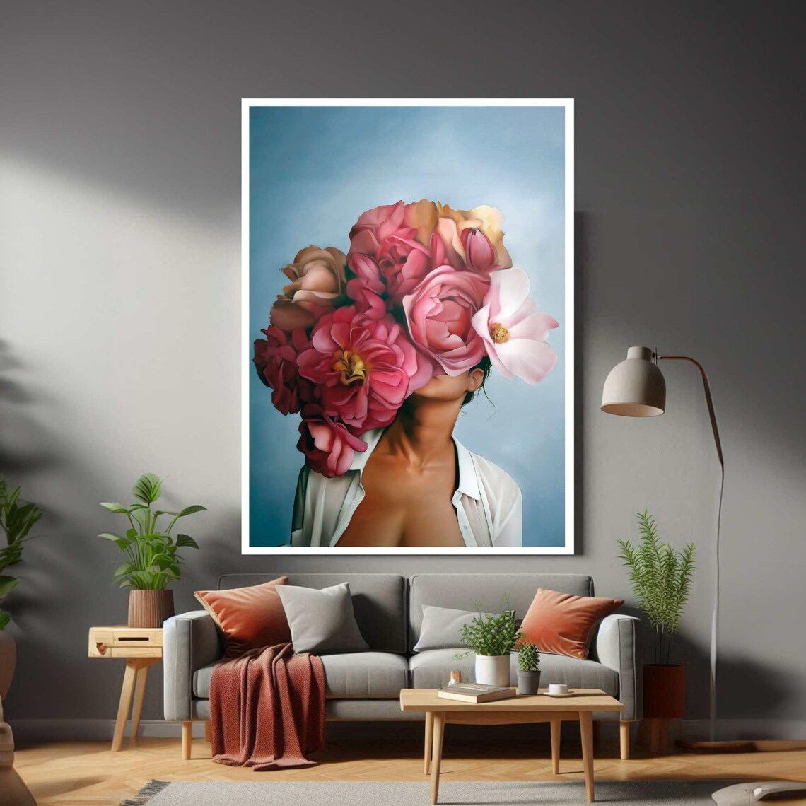 Pink Rose Blossom Woman Portrait Modern Floral Beauty Art Poster