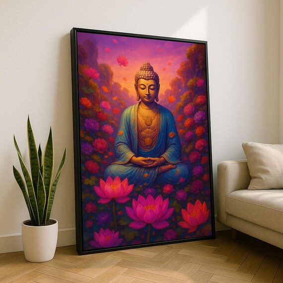 Meditating Buddha Lotus Garden Purple Pink Serene Zen Poster