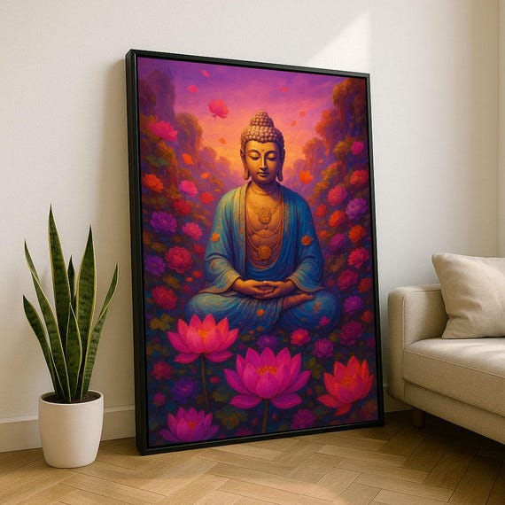 Meditative Buddha In Garden Canvas Wall Art Print Zen Living Room Decor Statement Piece
