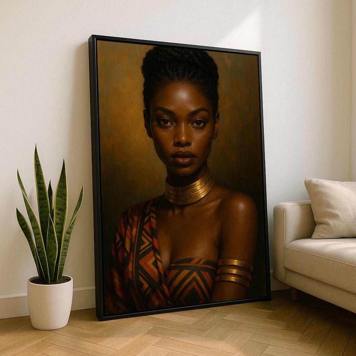 African Woman Portrait With Gold Jewelry Regal Oil Painting Poster