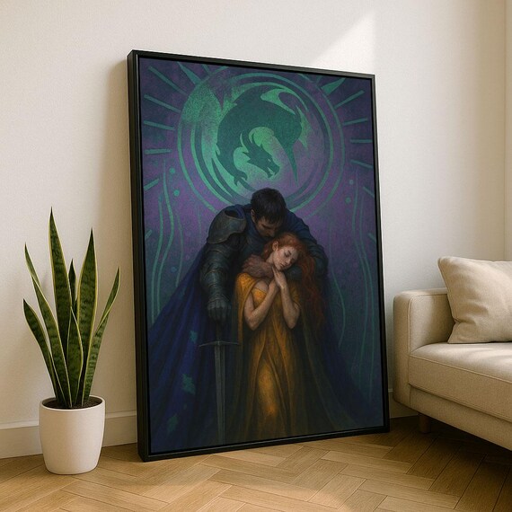 Medieval Knight Embracing Lady Dragon Emblem Fantasy Romance Art Print