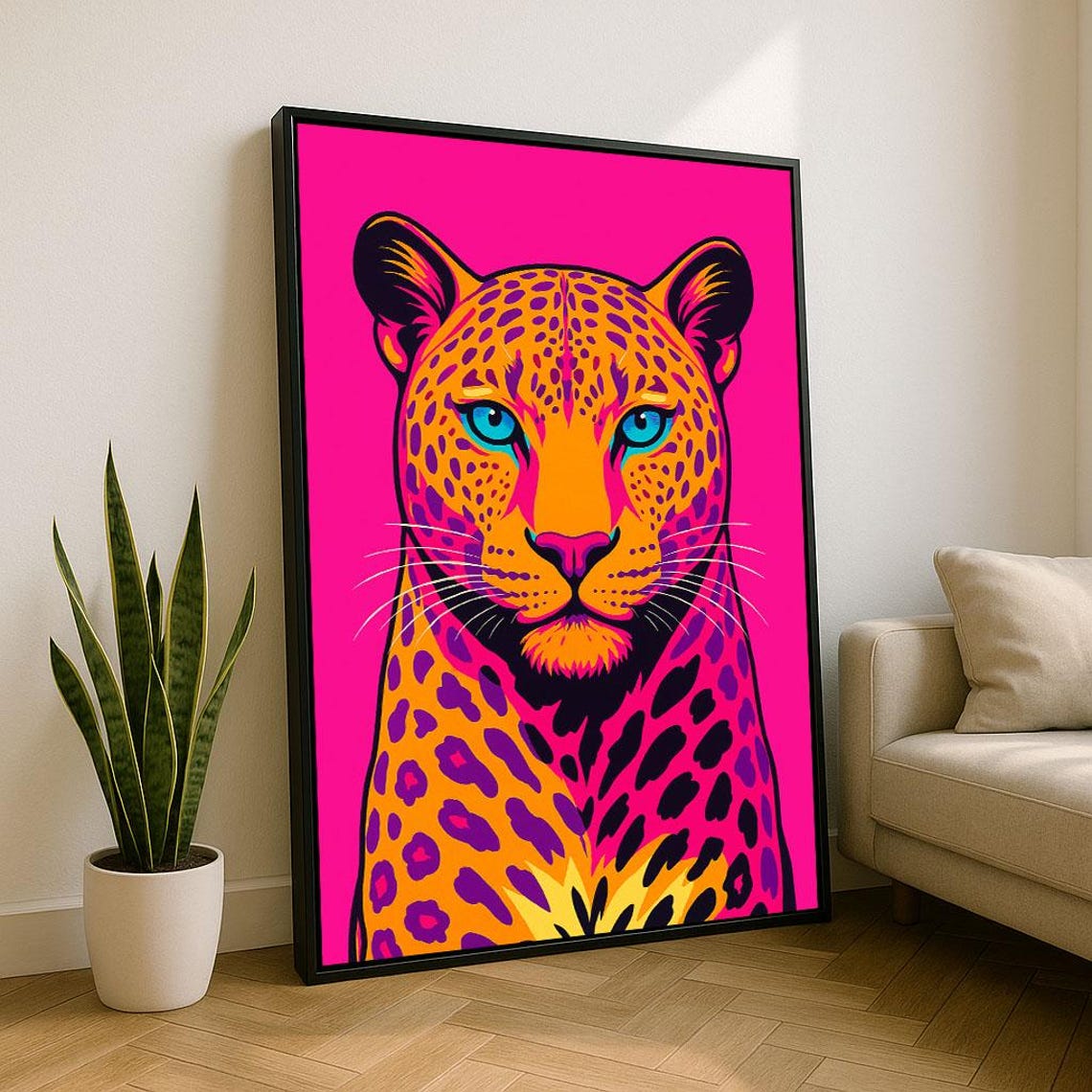 Vibrant Leopard Portrait Pop Art Canvas Wall Print Bold Living Room Decor Statement Piece