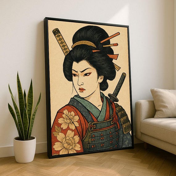 Empowered Japanese Samurai Woman Canvas Art Bold Oriental Warrior With Katana Living Room Decor Statement Piece