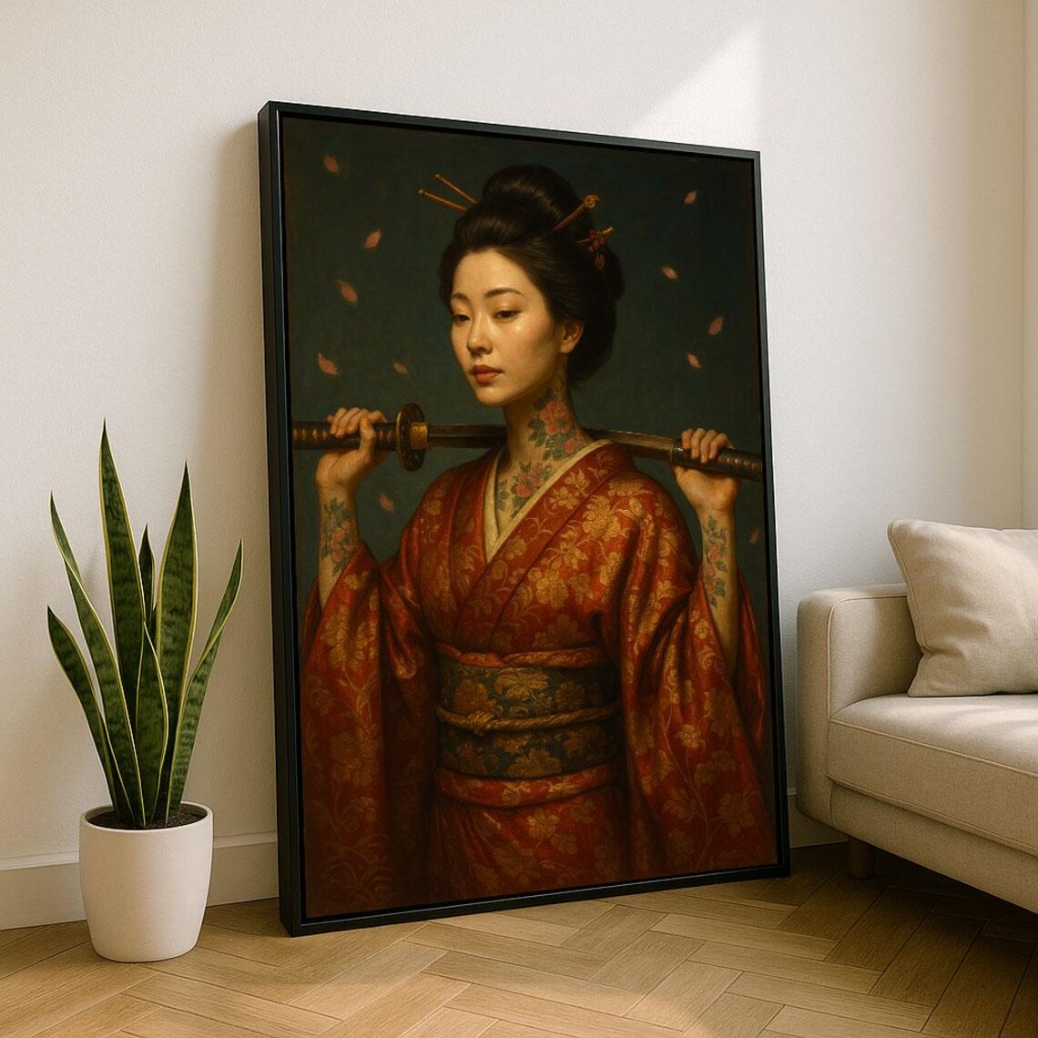 Tattooed Geisha In Red Kimono With Katana Across Shoulders Poster