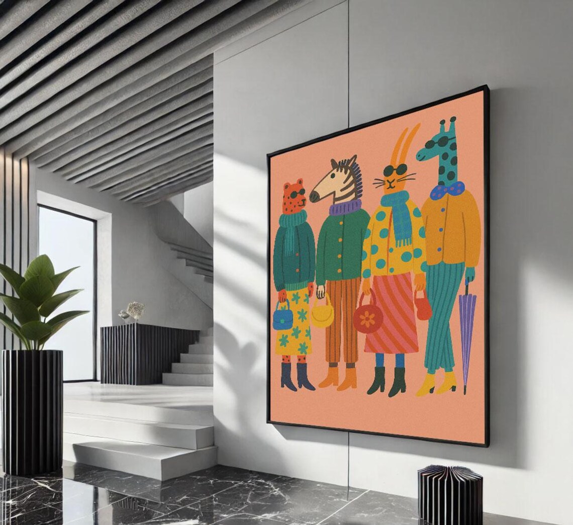 Dressed Animal Friends Giraffe Zebra Cat Whimsical Fashion Art Poster