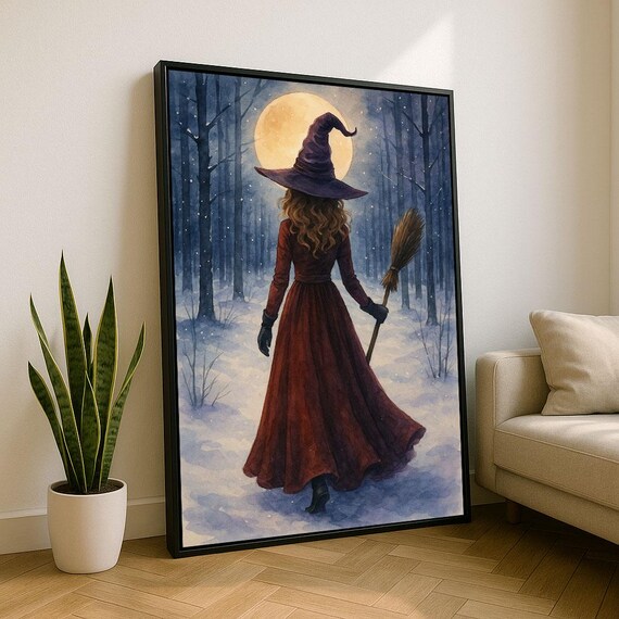 Enchanting Witch In Moonlit Forest Canvas Wall Art Print Magical Bedroom Decor Statement Piece