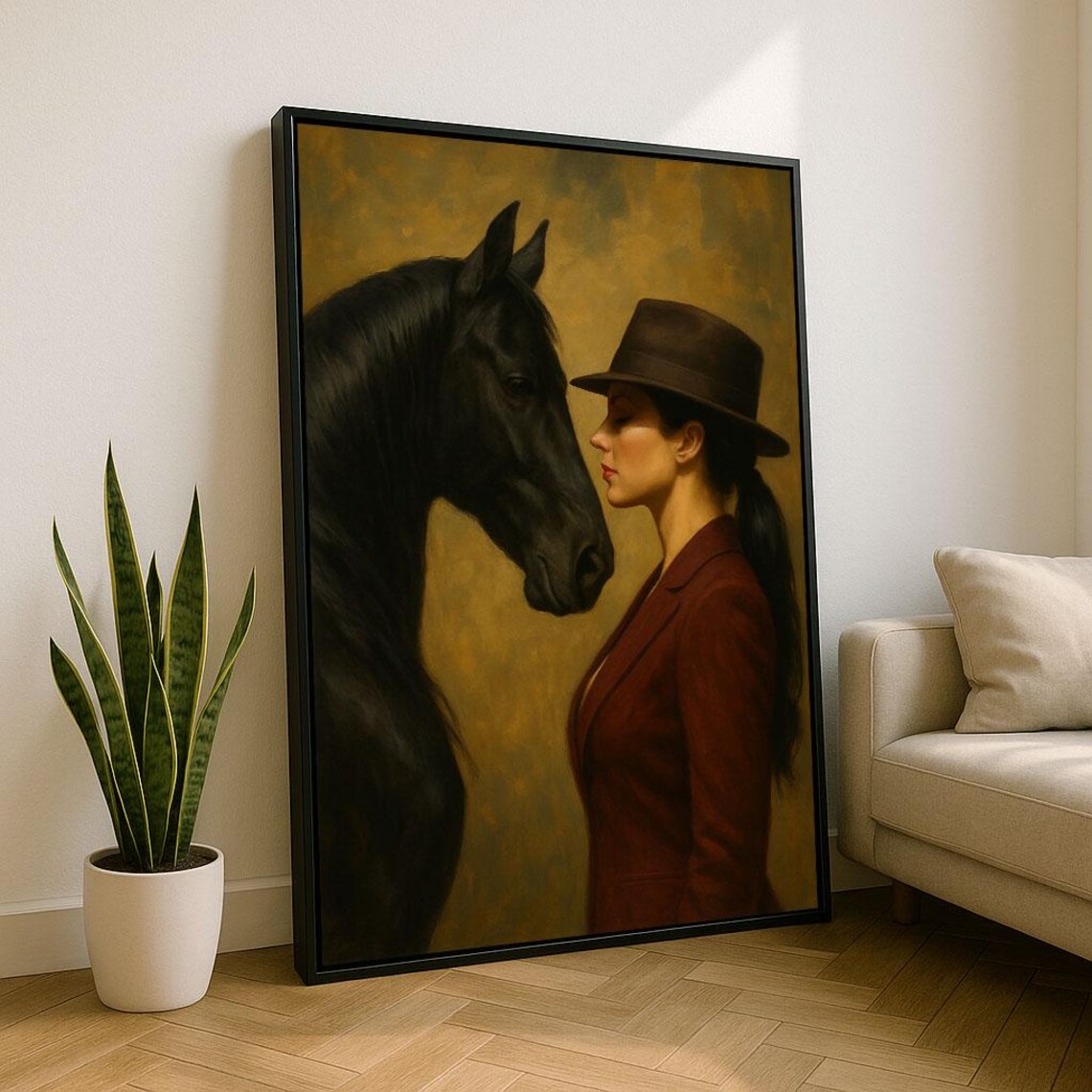 Elegant Woman and Black Horse Golden Equestrian Oil Painting Poster