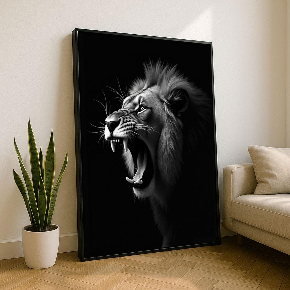 Fierce Roaring Lion Portrait Black and White Dramatic Poster