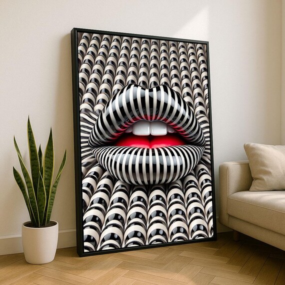 Striped Lips Optical Illusion 3D Mouth Red Black White Pop Art Poster