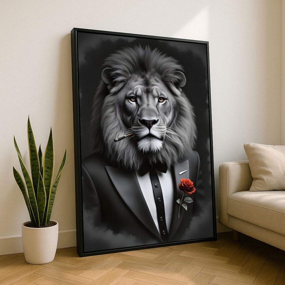 Lion In Tuxedo Cigar Red Rose Mafia Boss Funny Animal Portrait Poster