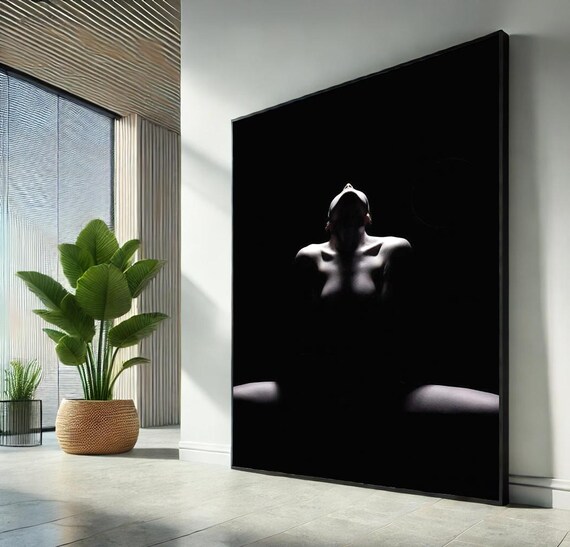 Black and White Female Torso Emerging from Darkness Fine Art Nude Poster