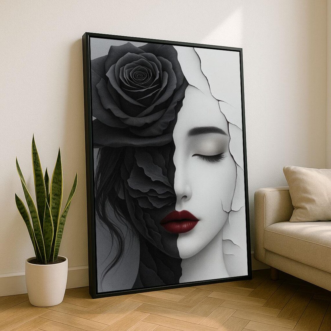 Black and White Woman Face with Rose Red Lips Cracked Porcelain Poster