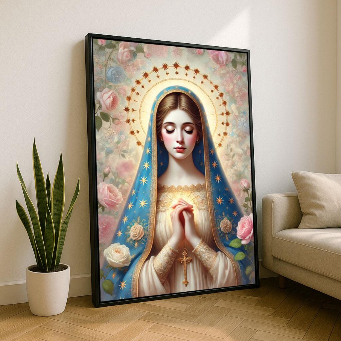 Pastel Virgin Mary Floral Crown Starry Halo Prayer Portrait Poster