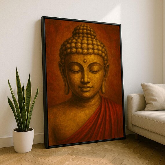 Golden Buddha Face Portrait in Red Robe Warm Amber Tones Poster