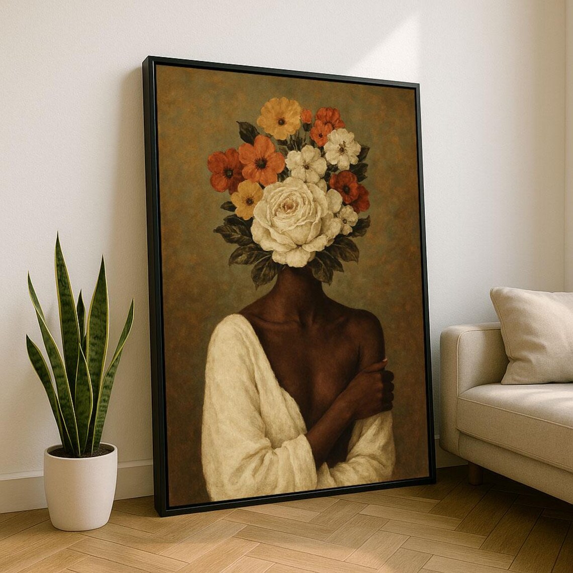 Woman With Floral Bouquet Over Head Boho Earth Tones Art Poster