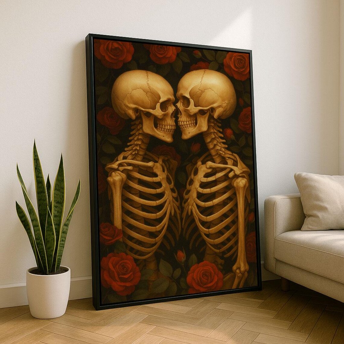 Eternal Love Skeleton Couple Embracing Among Red Roses Dark Poster