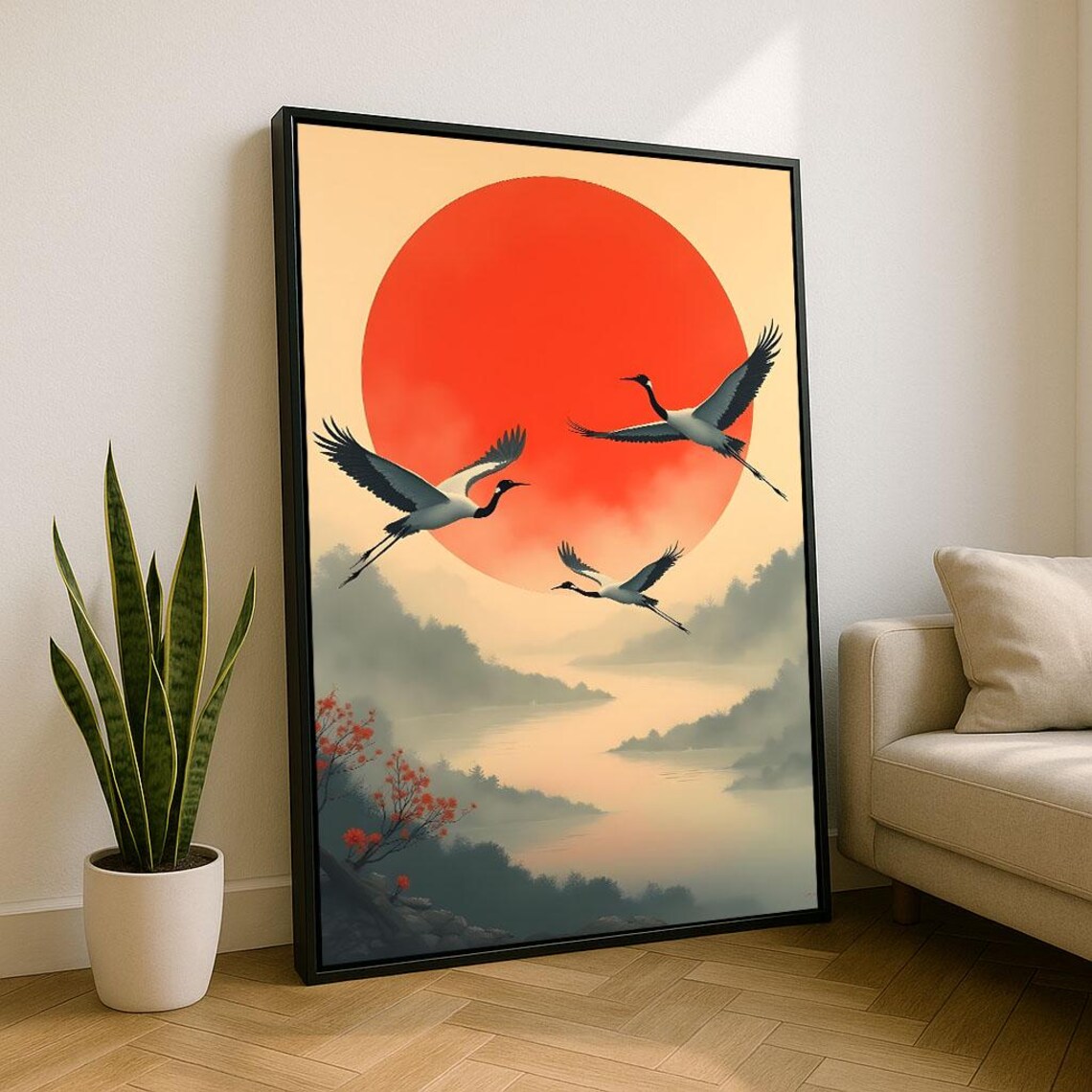 Majestic Japanese Cranes Flying Past Sunrise Red Sun Landscape Poster