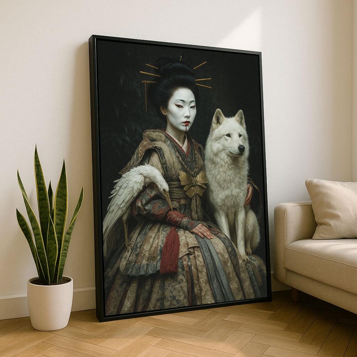 Japanese Geisha with White Wolf and Crane Dark Elegant Portrait Poster