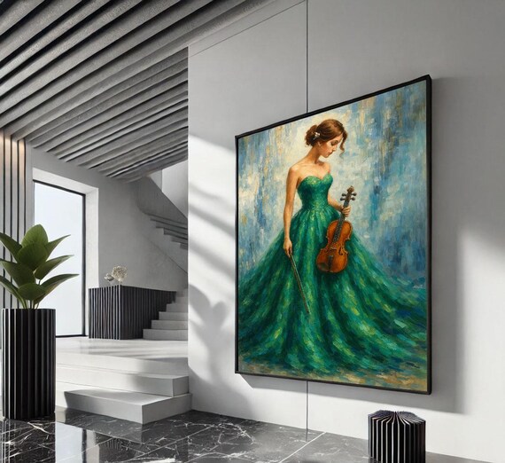 Violinist Woman In Emerald Gown Impressionist Music Art Poster