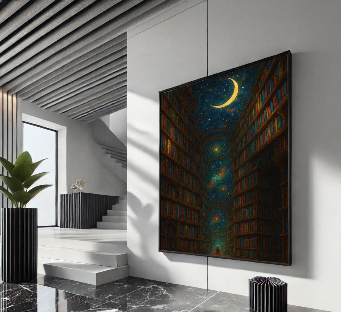 Starry Night Library With Crescent Moon Dreamy Bookshelf Poster