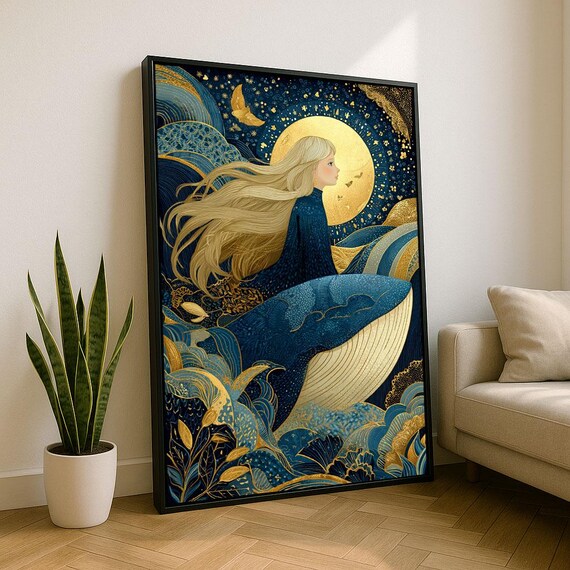 Whimsical Woman With Whale Canvas Wall Art Print Navy And Gold Living Room Decor Statement Piece