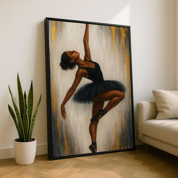 Elegant Black Ballerina In Motion Canvas Wall Art Print Modern Living Room Decor Statement Piece