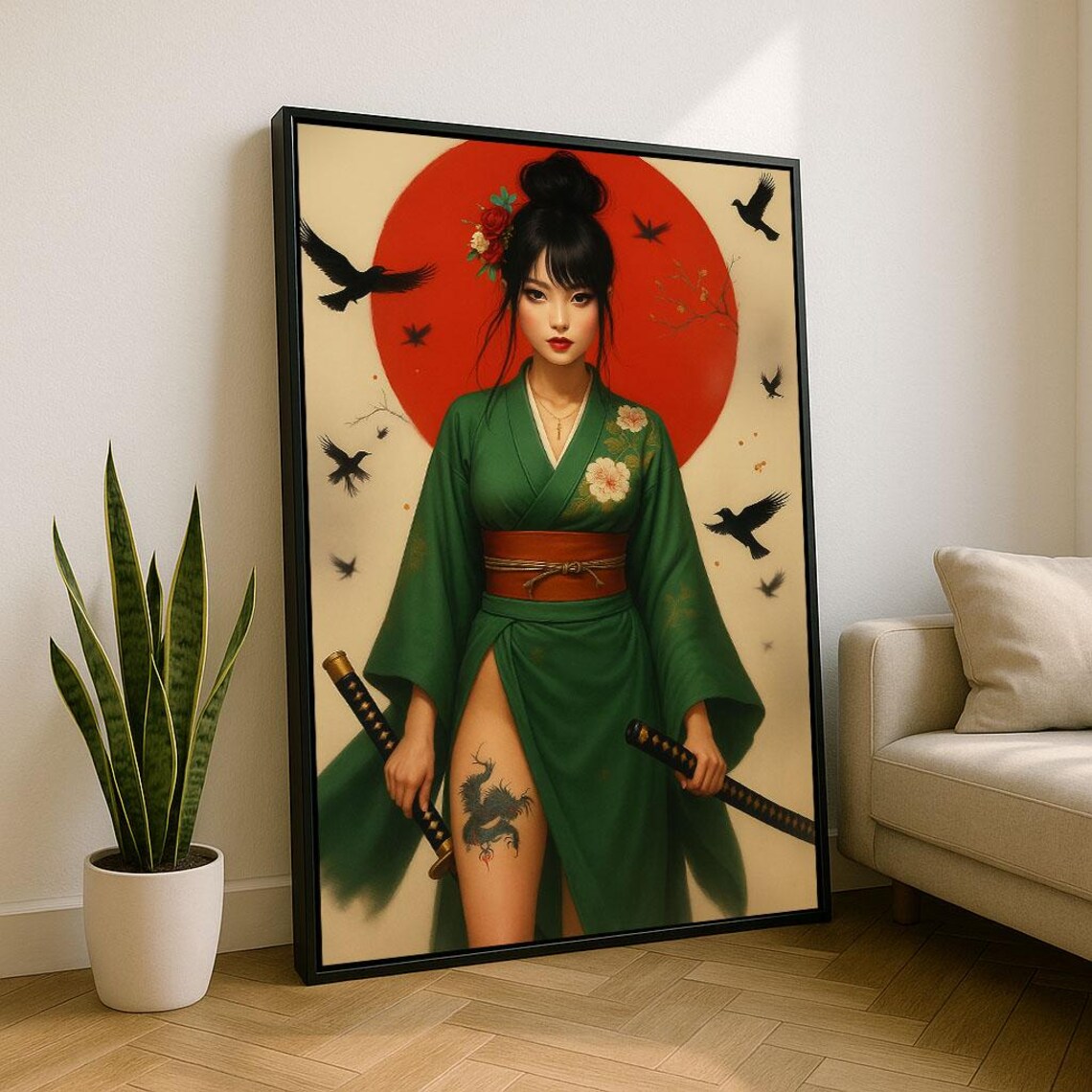 Stunning Samurai Woman in Green Kimono Red Sun Crow Art Poster