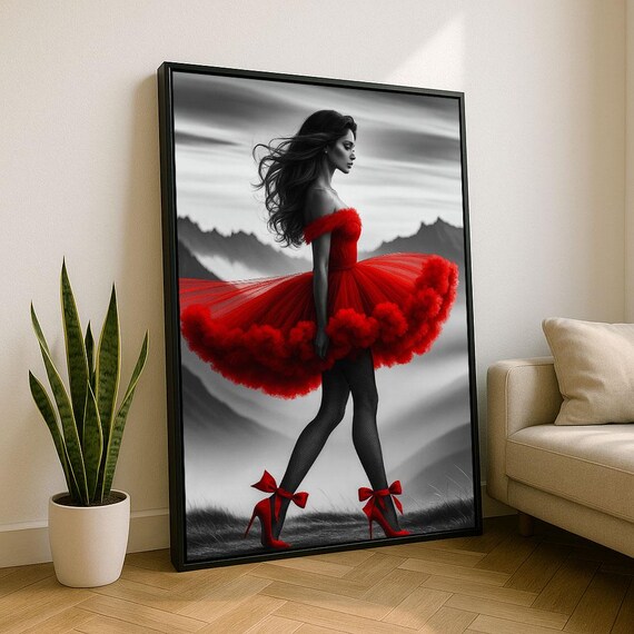 Woman in Red Dress Black and White Selective Color Fashion Art Poster