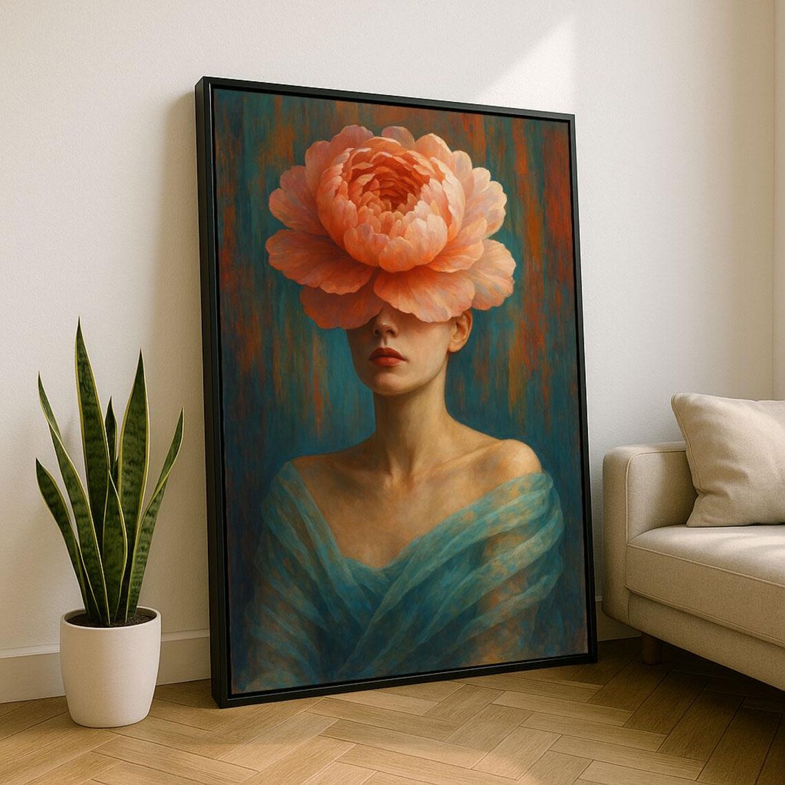 Dreamy Surreal Woman Portrait With Giant Pink Peony Over Eyes Poster