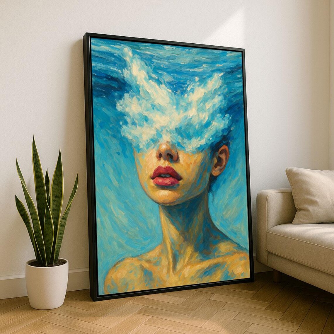 Surreal Blue Woman Portrait Canvas Wall Art Print Modern Living Room Decor Statement Piece