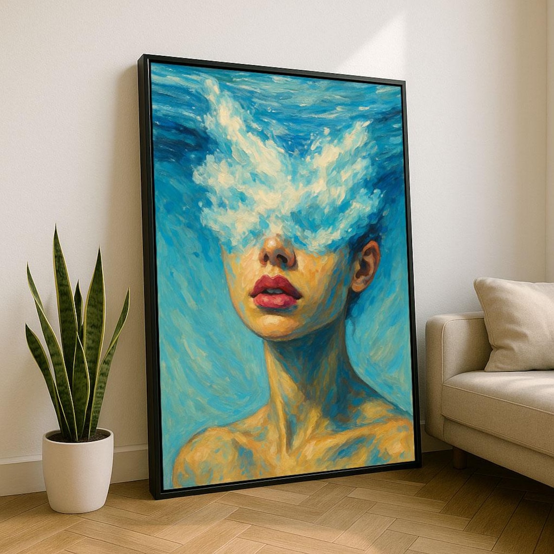 Surreal Woman Portrait Dissolving into Blue Clouds and Sky Dreamy Poster