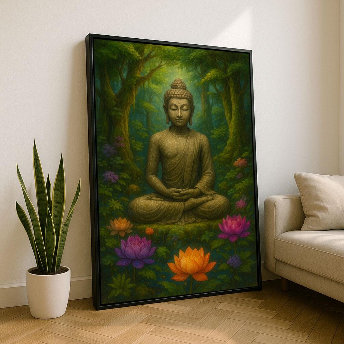 Serene Stone Buddha Meditating Jungle Lotus Flower Zen Art Poster