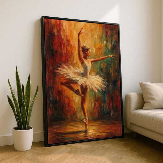 Elegant Ballerina Oil Painting Canvas Wall Art Print Warm Tones Living Room Decor Statement Piece