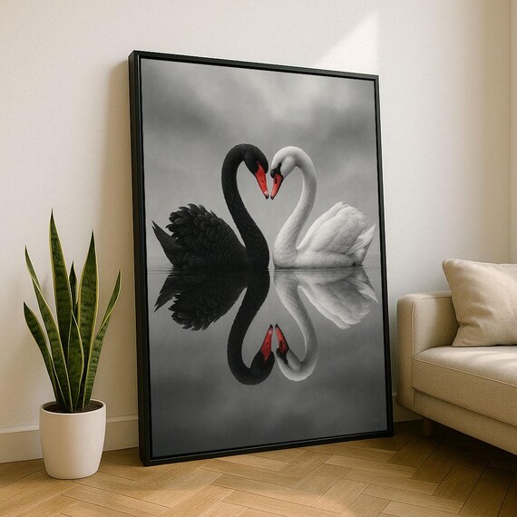 Black White Swans Heart Shaped Necks Lake Reflection Love Art Poster
