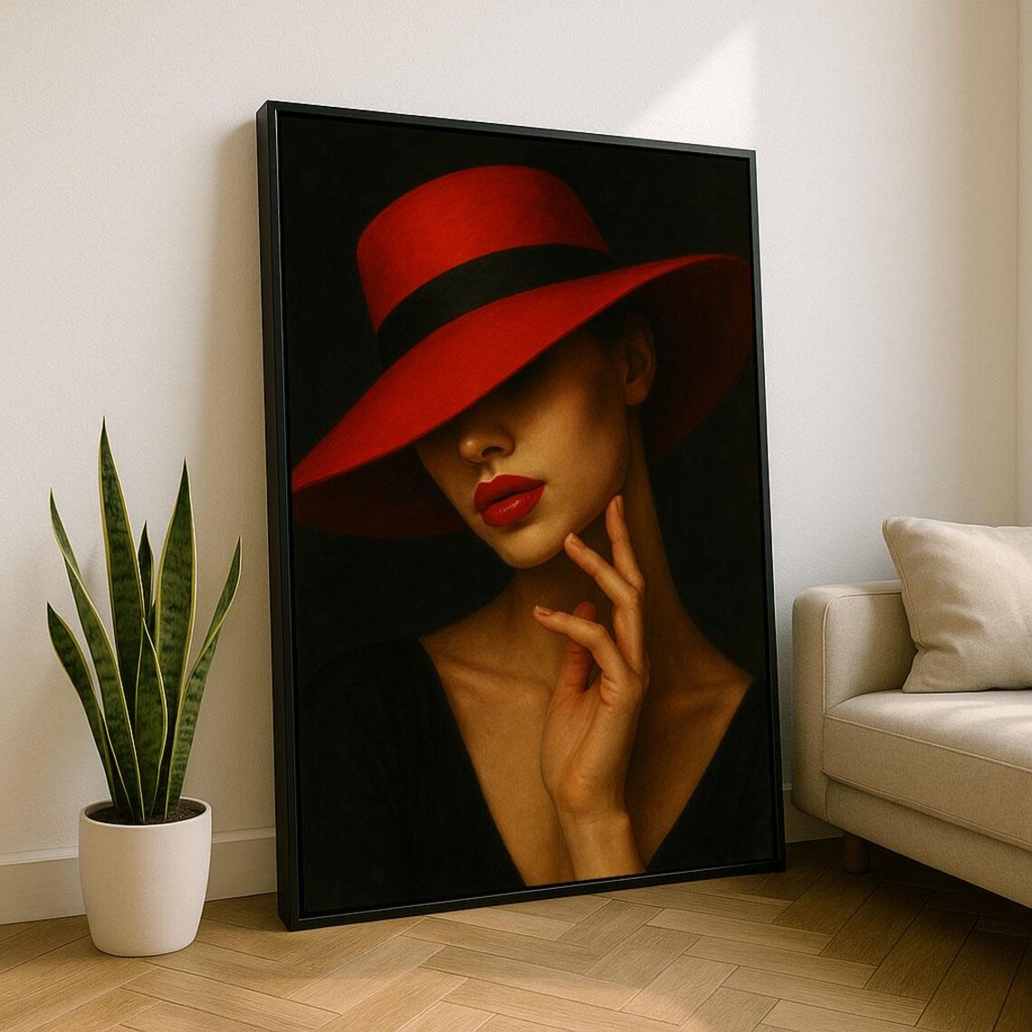 Elegant Woman In Red Hat Canvas Wall Art Print Modern Living Room Decor Statement Piece