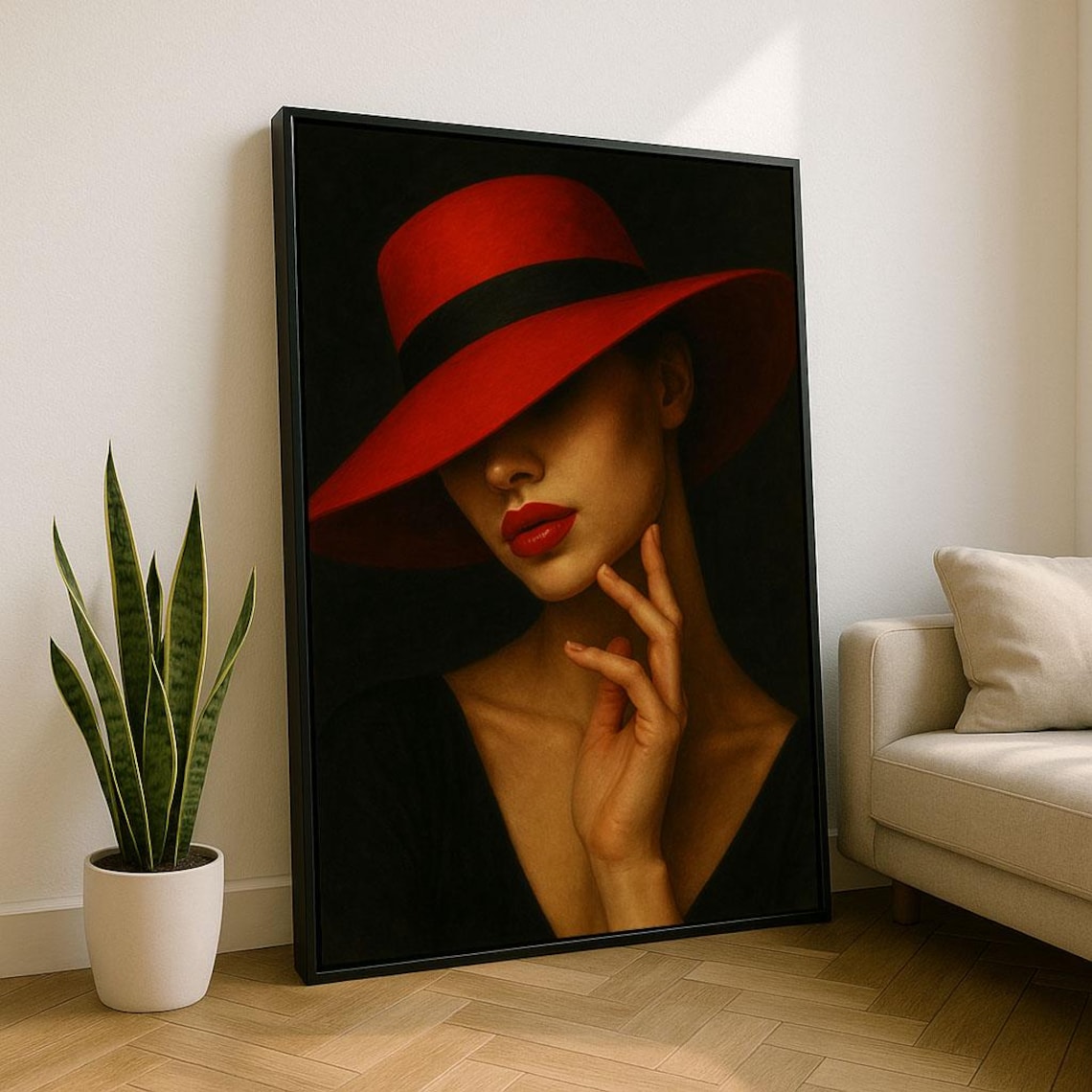 Lady in Red Hat Black Dress Elegant Mystery Glamour Fashion Poster